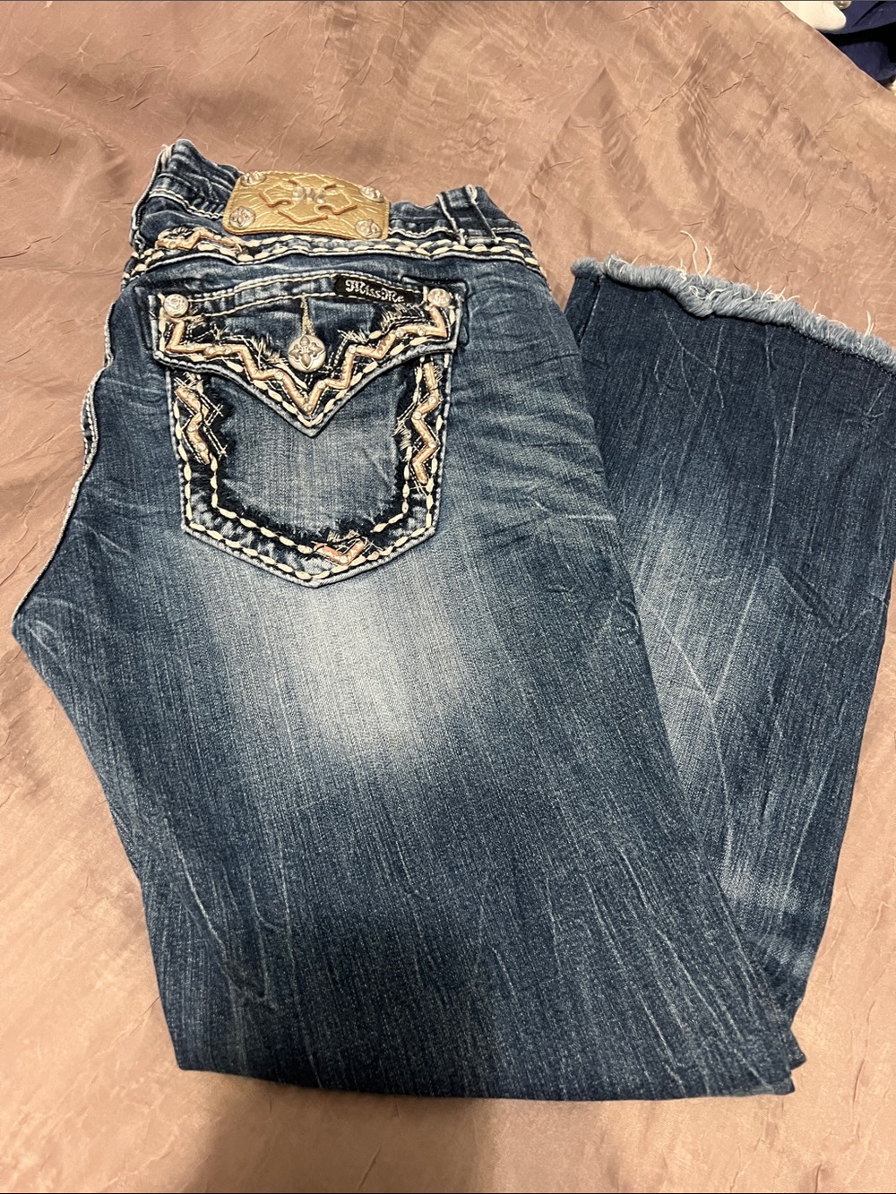 Miss Me Dark Blue Embroidered Boot Cut Jeans with Tan Accents